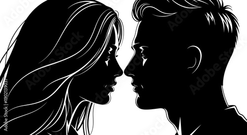 Silhouette of a man and woman facing each other with their foreheads touching, conveying intimacy and connection.