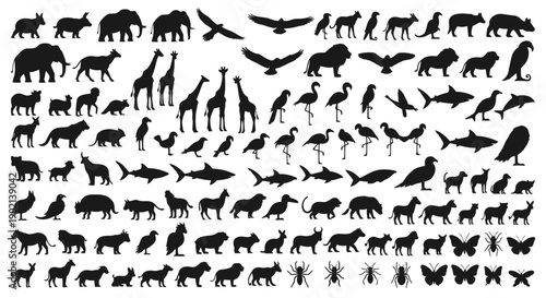 A comprehensive collection of diverse animal silhouettes, showcasing a wide range of species from mammals and birds to fish and insects.