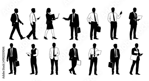 Collection of Silhouettes of Business People in Various Poses and Activities.