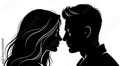 Silhouette of a man and woman facing each other with their foreheads touching, symbolizing intimacy and connection.