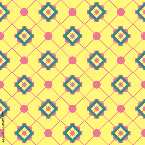 Colorful seamless geometric pattern with tribal motifs on yellow backdrop, Modern ethnic textile design