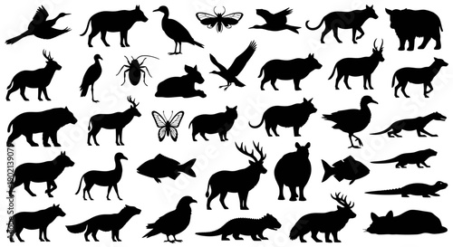 A diverse collection of animal silhouettes, showcasing a wide variety of species from different environments.
