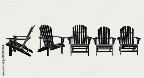 A collection of five black Adirondack chairs displayed from different angles against a plain background.