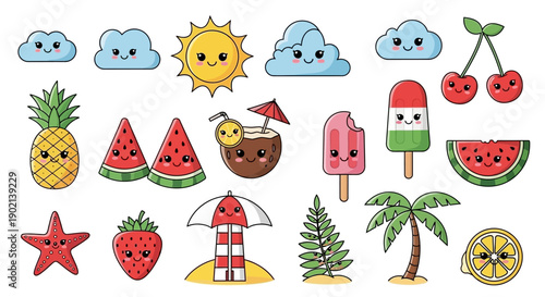 A collection of cute, kawaii-style summer-themed illustrations featuring fruits, weather elements, and beach icons.