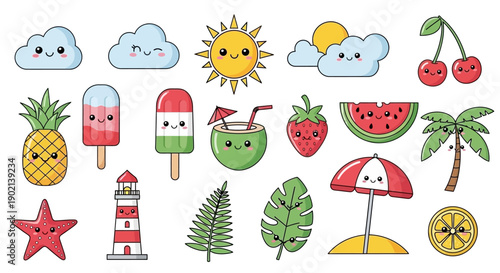 A collection of cute, kawaii-style summer-themed illustrations featuring various elements like clouds, sun, fruits, and beach accessories.