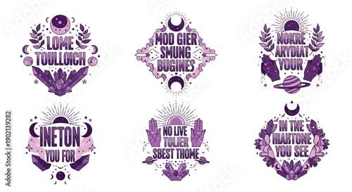 Collection of six mystical and astrological-themed circular emblems with celestial bodies, crystals, and empowering phrases.