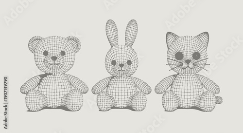 Wireframe 3D models of a teddy bear, a bunny, and a cat sitting side by side against a neutral background.