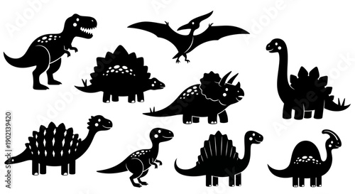Collection of black silhouette illustrations of various popular dinosaur species, including Tyrannosaurus Rex, Triceratops, Stegosaurus, and Pterodactyl.
