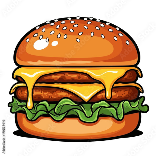 A delicious-looking double cheeseburger with melted cheese and fresh lettuce, presented in a vibrant cartoon style.
