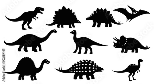 Collection of black silhouette illustrations of various dinosaur species against a white background.