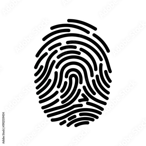 A black and white illustration of a fingerprint with intricate swirling lines.