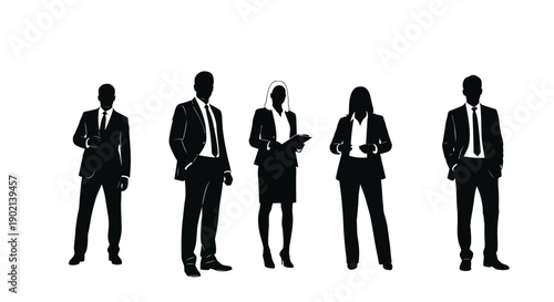Silhouettes of five business professionals standing against a white background, showcasing diversity in attire and posture.