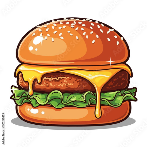 A delicious, juicy cheeseburger with melted cheese and fresh lettuce, presented in a vibrant cartoon style.