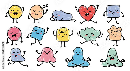 A collection of cute, hand-drawn cartoon characters expressing various emotions and activities.
