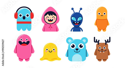 A collection of eight colorful and diverse cartoon monsters, each with unique features and expressions, arranged in two rows against a white background.