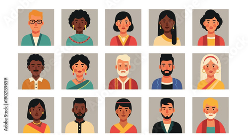 A diverse collection of 15 stylized portraits of people from various ethnic backgrounds and ages, presented in a grid format.