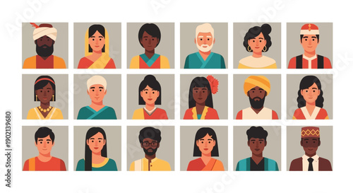 A diverse collection of people from various cultures and ethnicities, depicted in a grid of portraits.