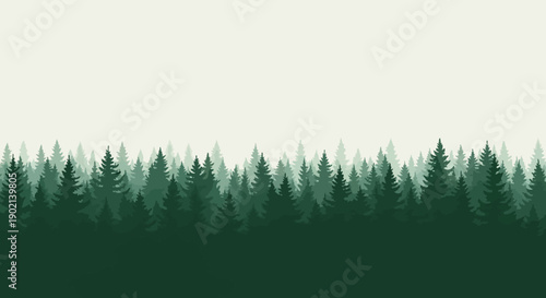 A dense forest of evergreen trees in varying shades of green, creating a layered silhouette against a pale sky.