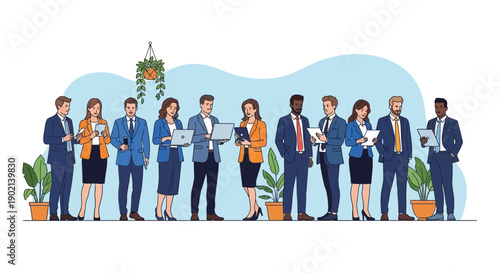 A diverse group of business professionals standing together in a modern office setting, holding laptops and documents.