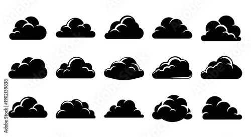 A collection of fifteen distinct black cloud illustrations, each with a unique shape and texture, presented against a white background.