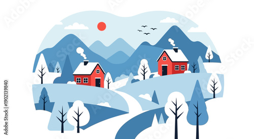 Charming winter landscape with snow-covered red houses nestled among blue mountains and bare trees under a bright sun.