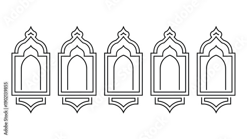 Islamic arch window frame outline vector design. set of five line art mosque window shapes on white background