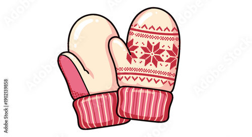 A pair of cozy knitted mittens with a festive snowflake pattern and pink cuffs, perfect for winter warmth.