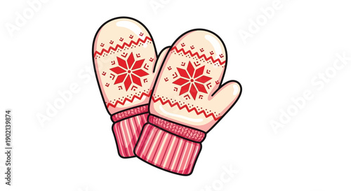 A pair of cozy, knitted mittens with a festive snowflake pattern in red and white, perfect for winter warmth.