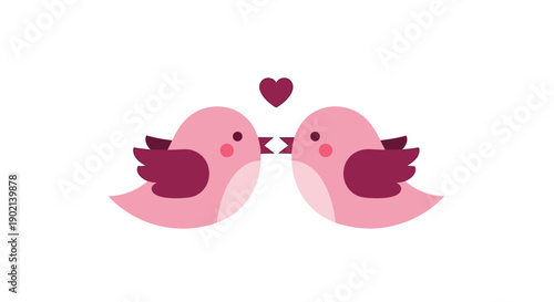 Two adorable pink birds are about to kiss with a heart above them.