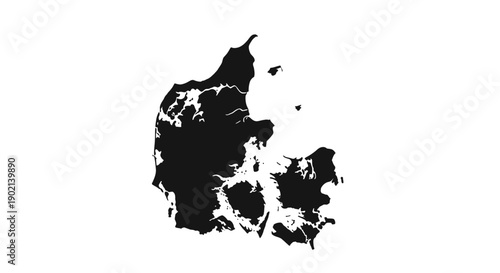 A detailed black silhouette of the country of Denmark, highlighting its islands and coastline against a white background.