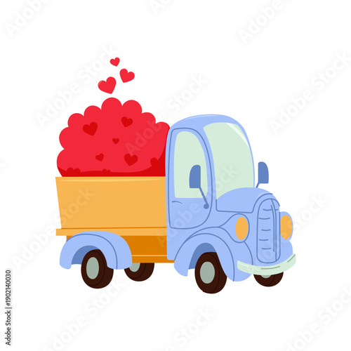Cute delivery truck carrying hearts. Symbol of love delivery, romantic surprise, and gifts