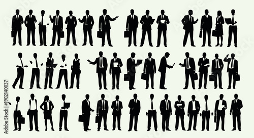 A collection of diverse business people in various poses and attire, showcasing professional interactions and individual stances.
