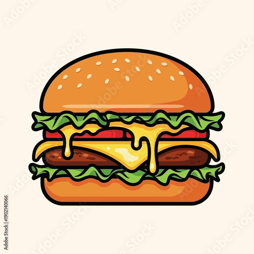 A delicious and juicy cheeseburger with melted cheese dripping down the sides, presented on a light background.