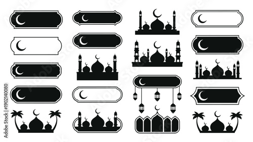 Set of islamic design elements. ramadan kareem greeting banners with mosque, crescent moon, and lanterns