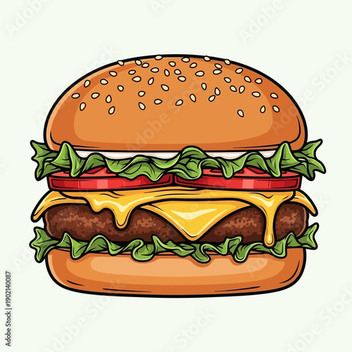 A delicious, juicy cheeseburger with melted cheese, fresh lettuce, and ripe tomatoes, presented on a sesame seed bun.