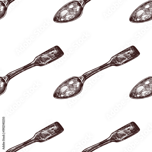 Hand drawn vintage seamless pattern of perforated kitchen spoon in monochrome sketch style, isolated culinary utensil illustration