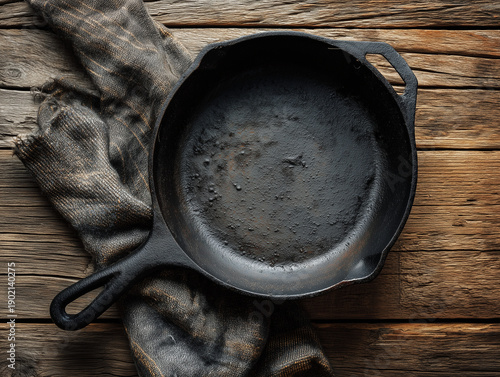 Dirty Cast Iron Skillet on Wooden Table with Grease and Burn Marks