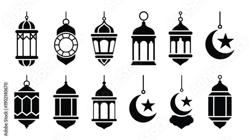 Set of black hanging lantern silhouettes and crescent moon icons for ramadan kareem and eid mubarak festive design