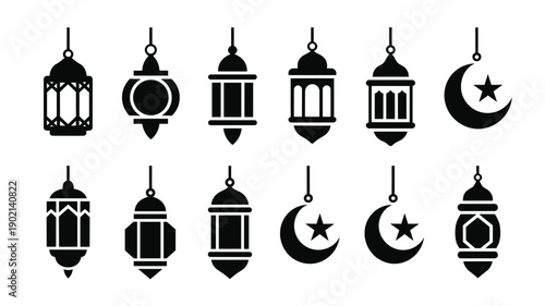 Ramadan hanging lantern set for islamic festival celebration traditional black lanterns with moon and star symbol