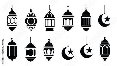 Religious lantern collection featuring multiple black silhouettes and moon symbols for islamic theme graphic designs
