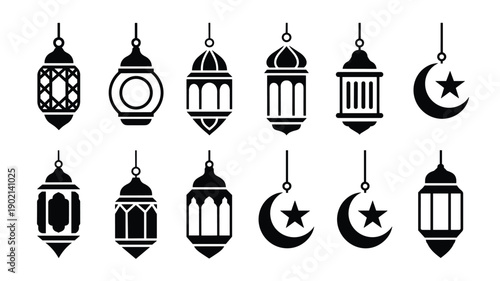 Set of decorative islamic lanterns and moon stars for eid celebration black silhouettes of traditional arabic lamps