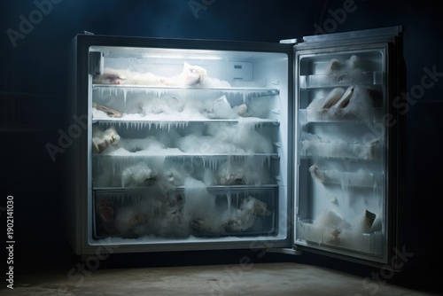 Open freezer showing thick ice buildup and packages of frozen meat in a spooky dark room