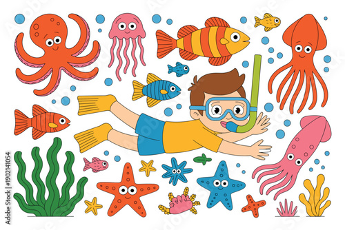 A young boy snorkeling in the ocean surrounded by colorful sea creatures and coral.