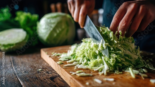 Chef hands slicing fresh green cabbage with knife on wooden cutting board in dark kitchen