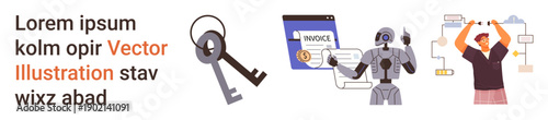 Data security, financial transactions, AI advancements, technology integration, automation, workflow design. Keys, invoice robot person organizing charts. Data security and financial transactions