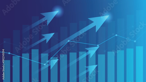 Futuristic Data Visualization Blue Background with Arrow, Financial Graphs, Business Growth Trends, Analytics Dashboard and Market Performance