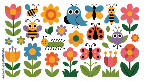 A colorful illustration of cartoon flowers, bees, butterflies, and ladybugs in a vibrant garden setting.