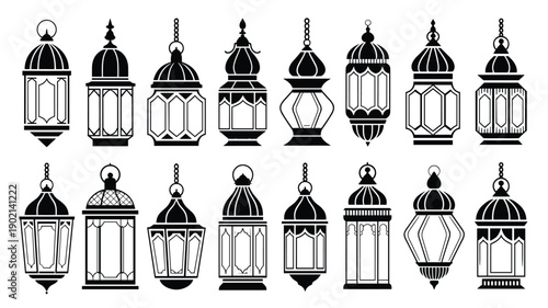 Islamic lantern silhouettes for ramadan kareem celebration and eid mubarak festive decorations in black and white