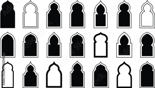 Islamic arch window frame silhouettes for mosque architecture and oriental interior design elements in black color