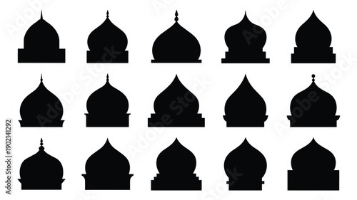 Islamic dome silhouettes for mosque architecture and oriental building skyline design elements in solid black color